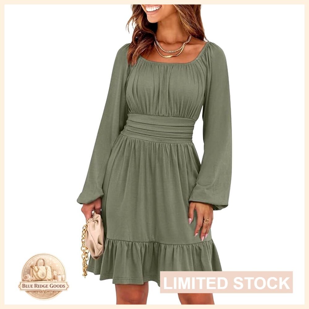Long Lantern Sleeve Square Neck A-Line Midi Dress Ruffle Hemline Casual Chic